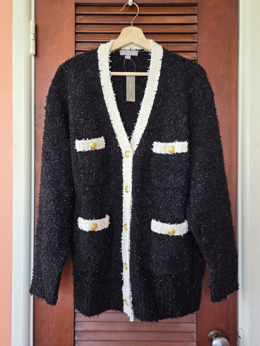 NWT J CREW Longer sweater lady jacket in textured contrast yarn, Gold Buttons, L